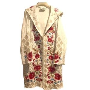 Time For Me Floral Embroidered Open Front Long Hooded Cardigan Sweater Duster XL